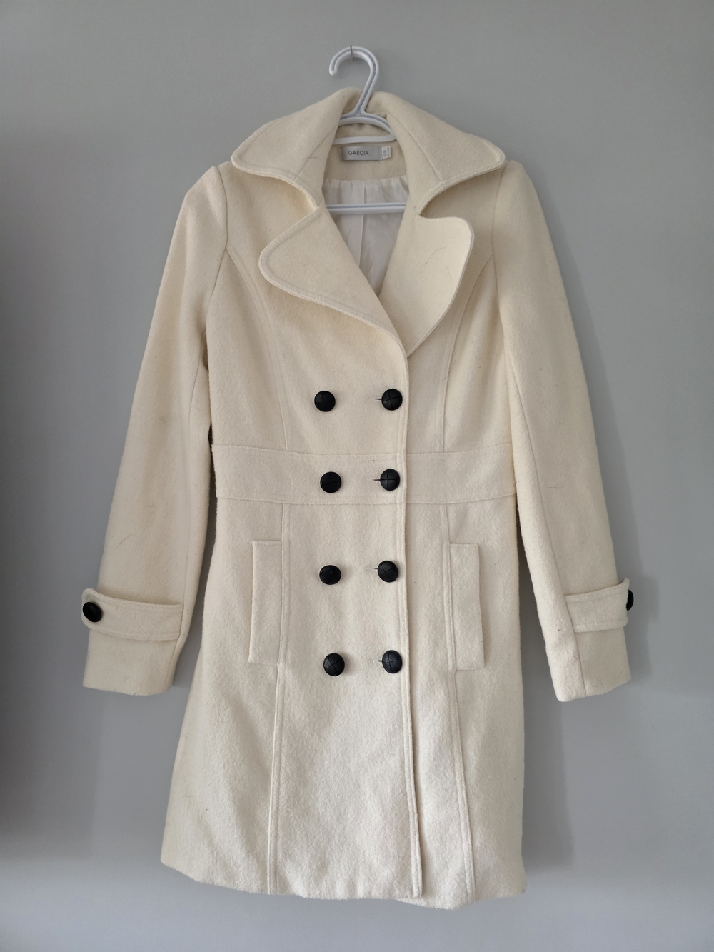 Women's Cream Double-Breasted Wool Blend Coat